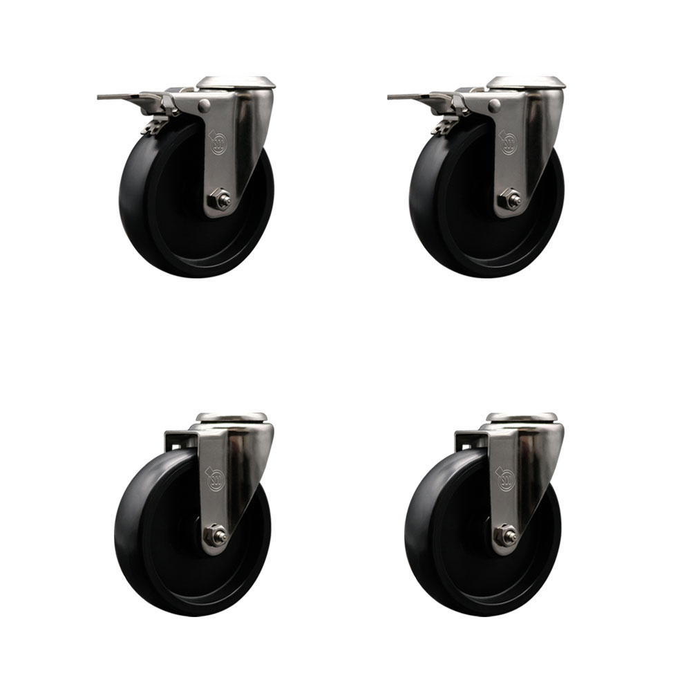 Stainless Steel Polyolefin Swivel Bolt Hole Caster Wheels Set of 4 with 5 Inch Black Wheels - Includes 2 with Total Lock Brakes - 1400 lbs. Total Capacity - Service Caster Brand — photo 1