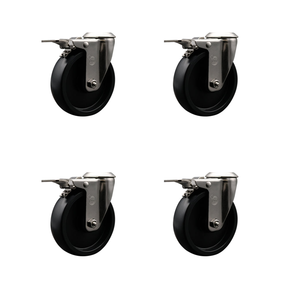 Stainless Steel Polyolefin Swivel Bolt Hole Caster Wheels Set of 4 with 5 Inch Black Wheels - Includes 4 Swivel with Total Lock Brakes - 1400 lbs. Total Capacity - Service Caster Brand — photo 1