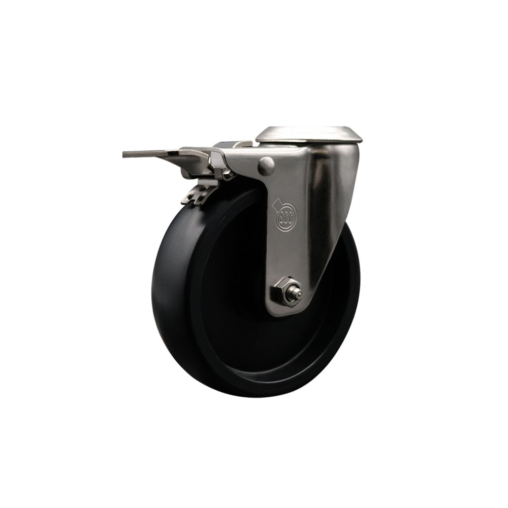 Stainless Steel Polyolefin Swivel Bolt Hole Caster Wheel with 5 Inch Black Wheel and Total Lock Brake - 350 lbs. Capacity/Caster - Service Caster Brand — photo 1