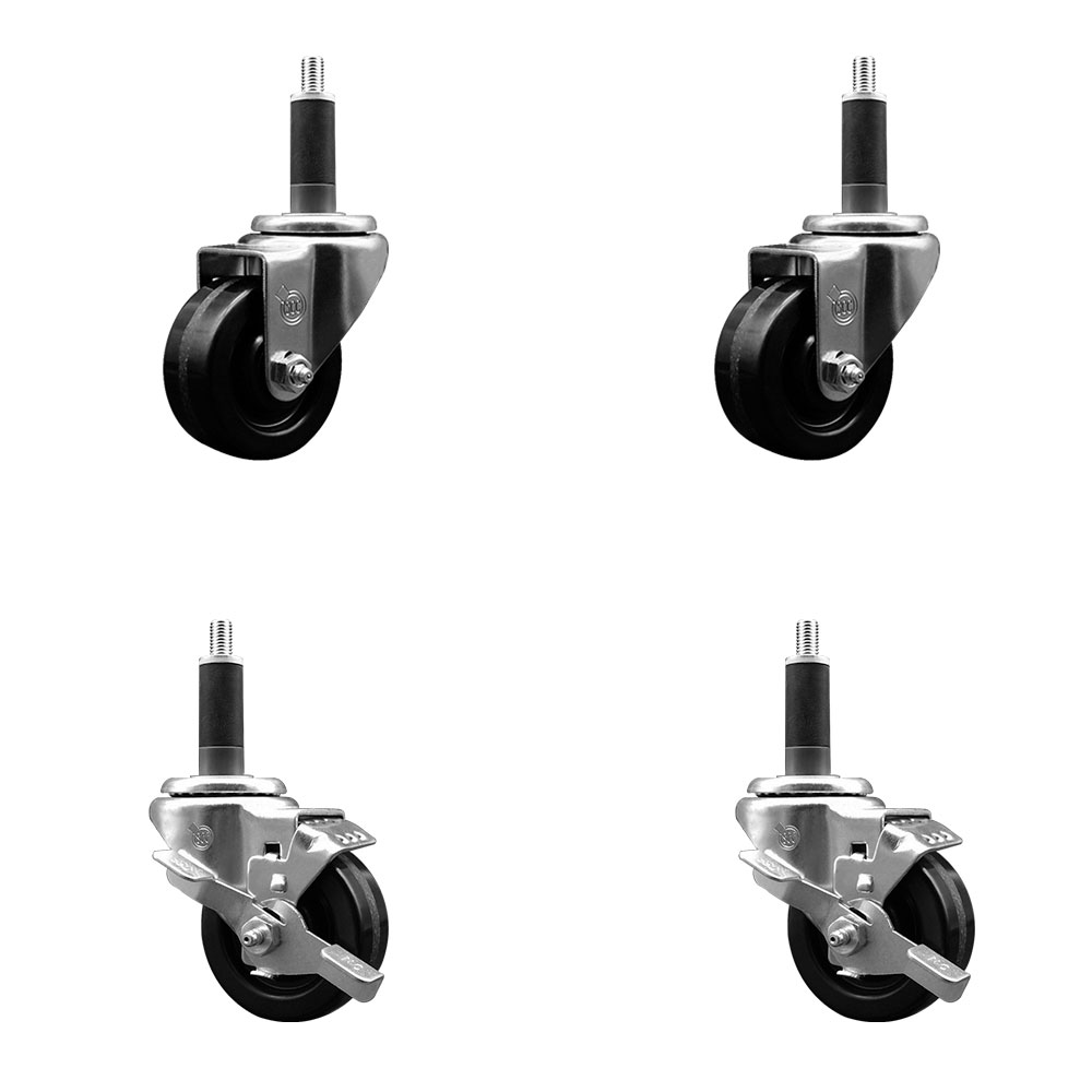 Stainless Steel Phenolic Swivel Expanding Stem Caster Set of 4 with 3 Inch Black Wheels and 1" Stems - Includes 2 with Top Locking Brakes - 1200 lbs Total Capacity - Service Caster Brand — photo 1