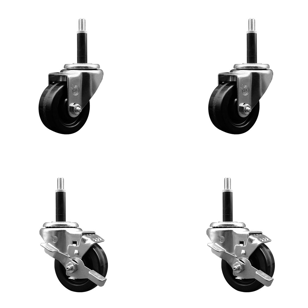 Stainless Steel Phenolic Swivel Expanding Stem Caster Set of 4 with 3 Inch Black Wheels and 3/4" Stems - Includes 2 with Top Locking Brakes - 1200 lbs Total Capacity - Service Caster Brand — photo 1