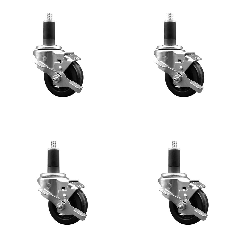 Stainless Steel Phenolic Swivel Expanding Stem Caster Set of 4 with 3-1/2 Inch Black Wheels and 1-1/2" Stems - 4 Swivel with Top Locking Brakes - 300 lbs. Capacity Per Caster - Service Caster Brand — photo 1