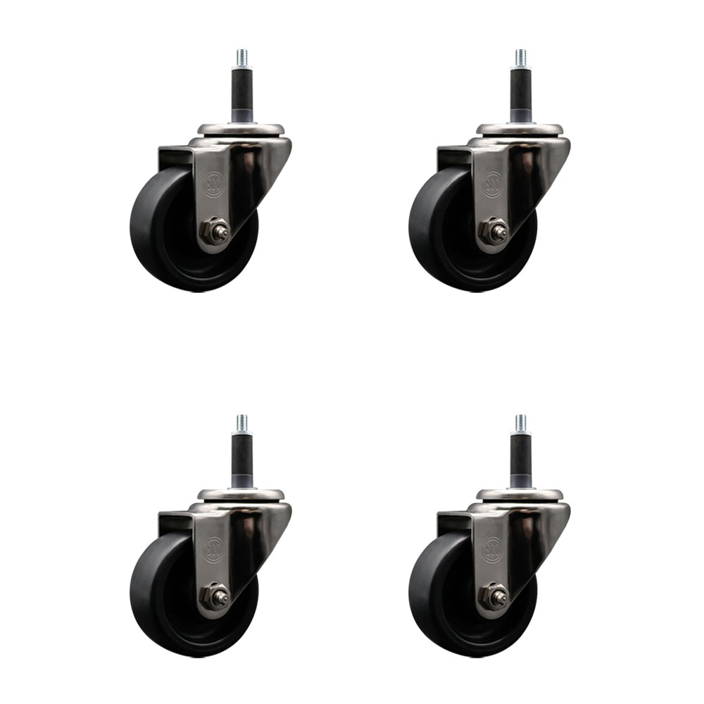 Stainless Steel Polyolefin Swivel Expanding Stem Caster Wheels Set of 4 with 3 Inch Black Wheels and 1" Stems - Includes 4 Swivel - 1200 lbs. Total Capacity - Service Caster Brand — photo 1