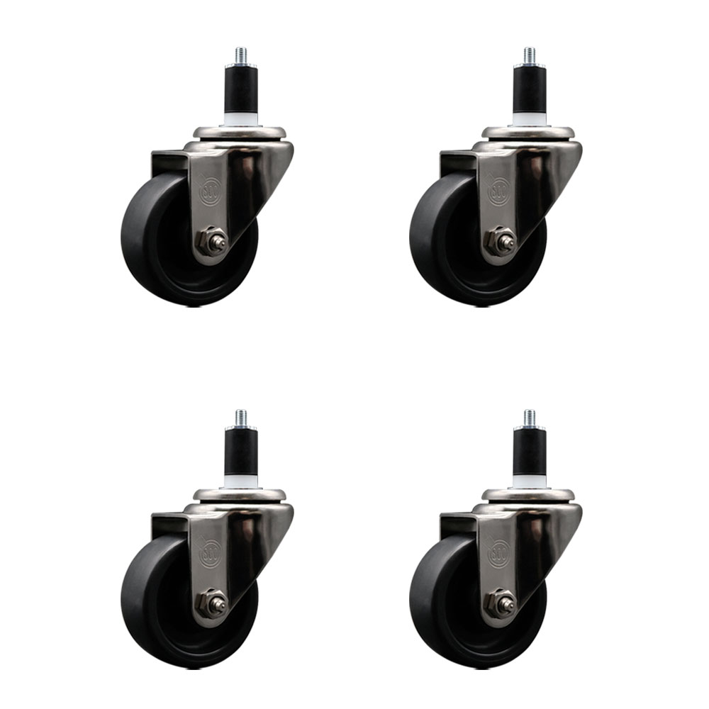 Stainless Steel Polyolefin Swivel Expanding Stem Caster Wheels Set of 4 with 3 Inch Black Wheels and 1-1/2" Stems - Includes 4 Swivel - 1200 lbs. Total Capacity - Service Caster Brand — photo 1