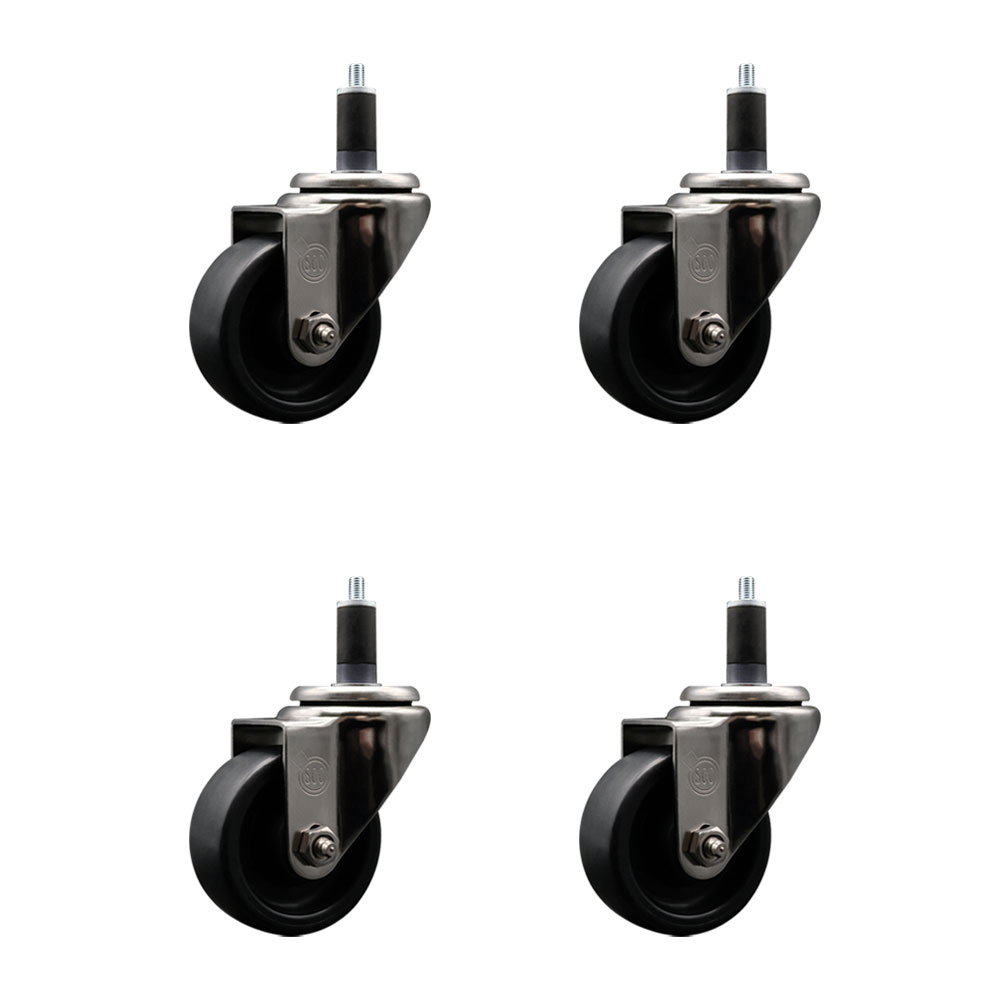 Stainless Steel Polyolefin Swivel Expanding Stem Caster Wheels Set of 4 with 3 Inch Black Wheels and 1-1/4" Stems - Includes 4 Swivel - 1200 lbs. Total Capacity - Service Caster Brand — photo 1