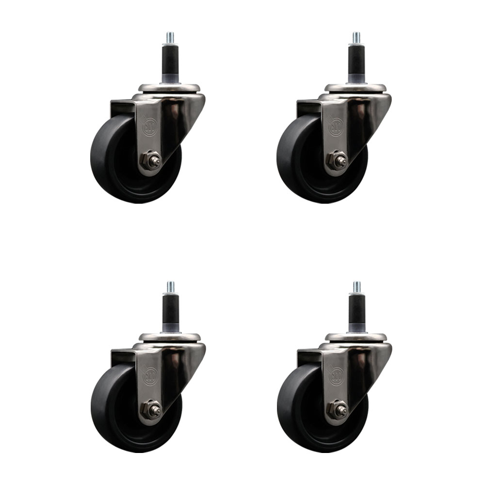 Stainless Steel Polyolefin Swivel Expanding Stem Caster Wheels Set of 4 with 3 Inch Black Wheels and 1-1/8" Stems - Includes 4 Swivel - 1200 lbs. Total Capacity - Service Caster Brand — photo 1