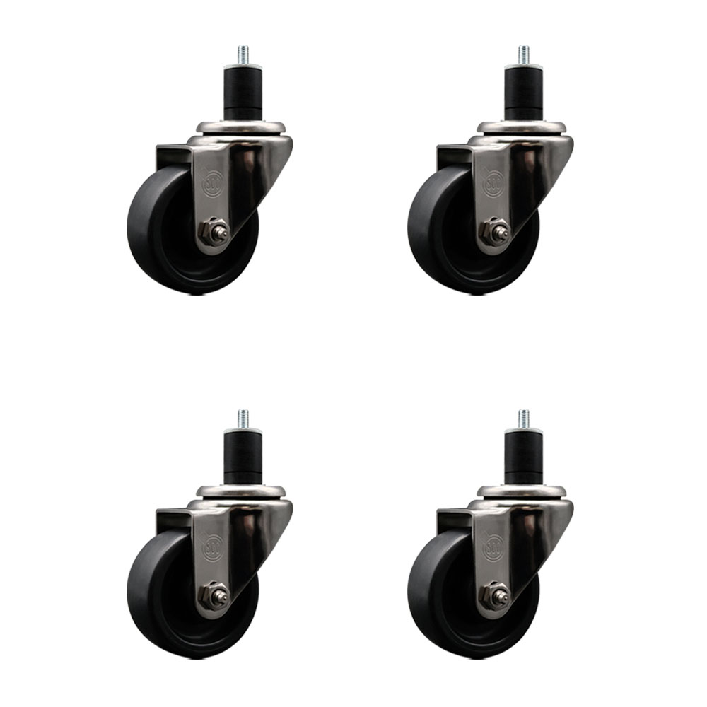 Stainless Steel Polyolefin Swivel Expanding Stem Caster Wheels Set of 4 with 3 Inch Black Wheels and 1-3/4" Stems - Includes 4 Swivel - 1200 lbs. Total Capacity - Service Caster Brand — photo 1