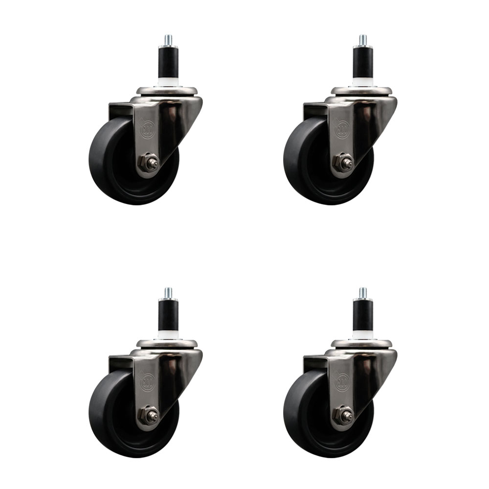 Stainless Steel Polyolefin Swivel Expanding Stem Caster Wheels Set of 4 with 3 Inch Black Wheels and 1-3/8" Stems - Includes 4 Swivel - 1200 lbs. Total Capacity - Service Caster Brand — photo 1