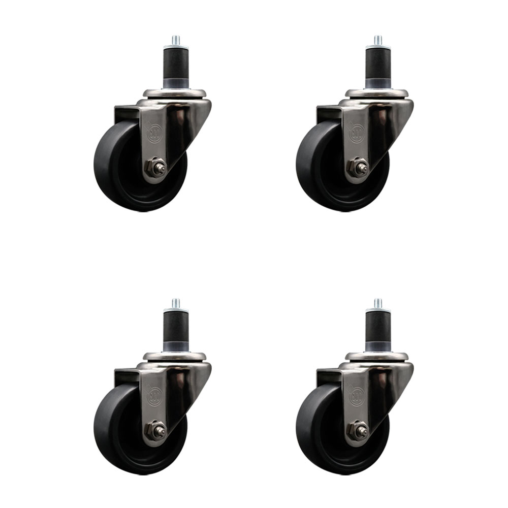 Stainless Steel Polyolefin Swivel Expanding Stem Caster Wheels Set of 4 with 3 Inch Black Wheels and 1-5/8" Stems - Includes 4 Swivel - 1200 lbs. Total Capacity - Service Caster Brand — photo 1