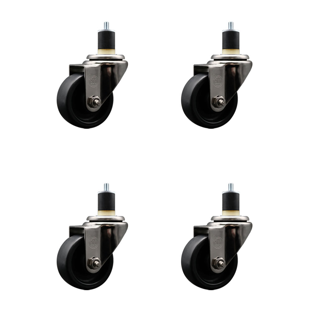 Stainless Steel Polyolefin Swivel Expanding Stem Caster Wheels Set of 4 with 3 Inch Black Wheels and 1-7/8" Stems - Includes 4 Swivel - 1200 lbs. Total Capacity - Service Caster Brand — photo 1