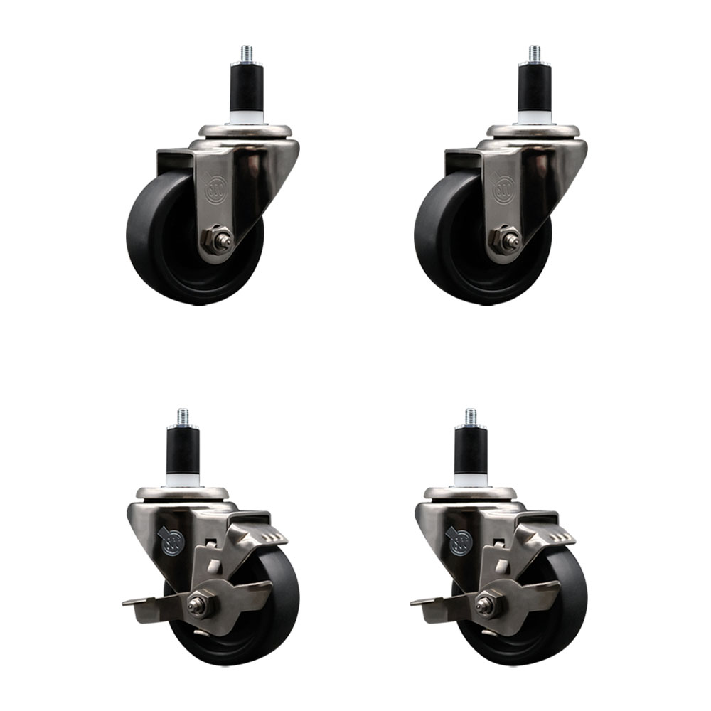 Stainless Steel Polyolefin Swivel Expanding Stem Caster Wheels Set of 4 with 3 Inch Black Wheels and 1-1/2" Stems-Includes 2 Swivel with Top Lock Brakes-1200 lbs. Total Capacity - Service Caster Brand — photo 1