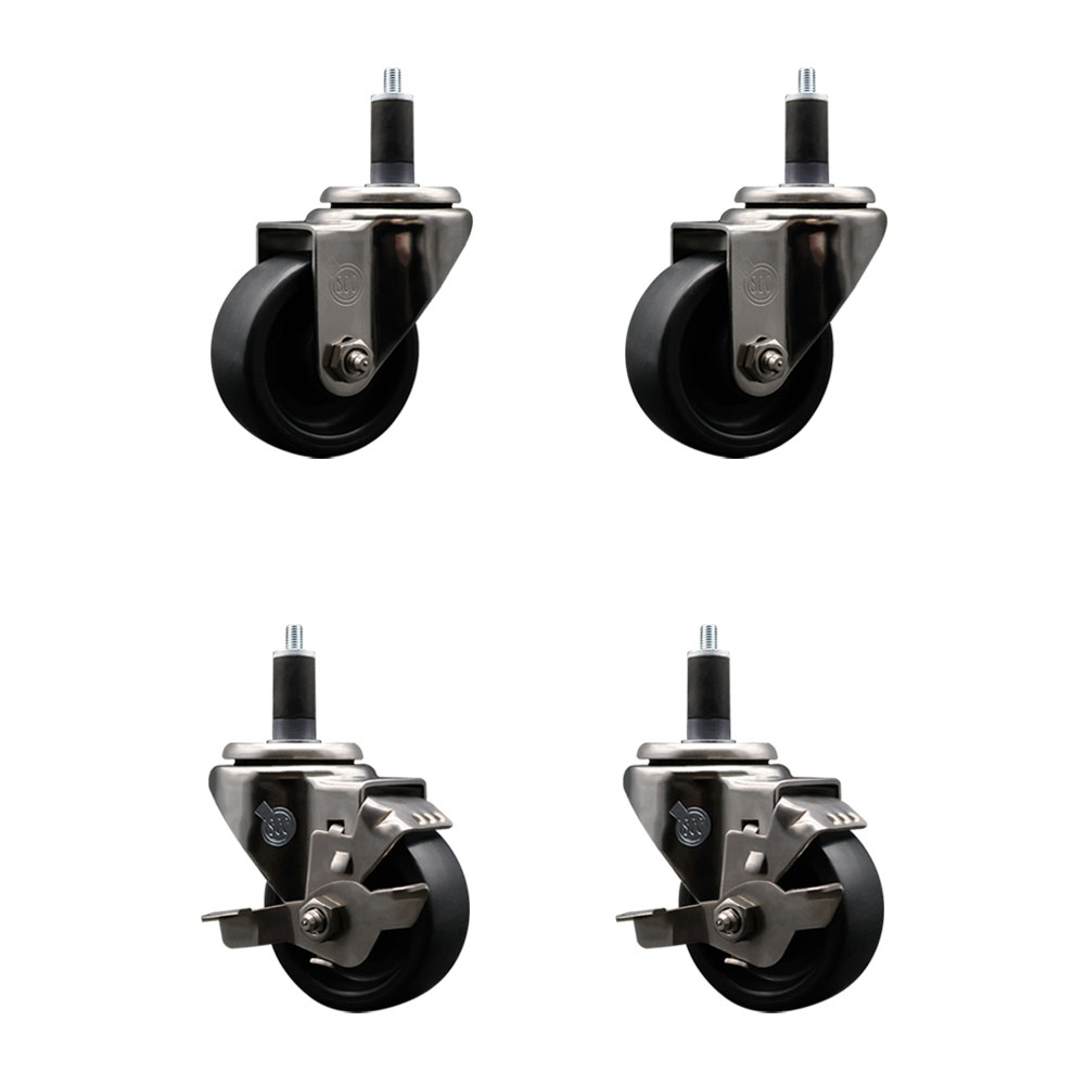 Stainless Steel Polyolefin Swivel Expanding Stem Caster Wheels Set of 4 with 3 Inch Black Wheels and 1-1/4" Stems-Includes 2 Swivel with Top Lock Brakes-1200 lbs. Total Capacity - Service Caster Brand — photo 1