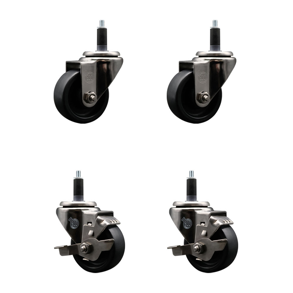 Stainless Steel Polyolefin Swivel Expanding Stem Caster Wheels Set of 4 with 3 Inch Black Wheels and 1-1/8" Stems-Includes 2 Swivel with Top Lock Brakes-1200 lbs. Total Capacity - Service Caster Brand — photo 1