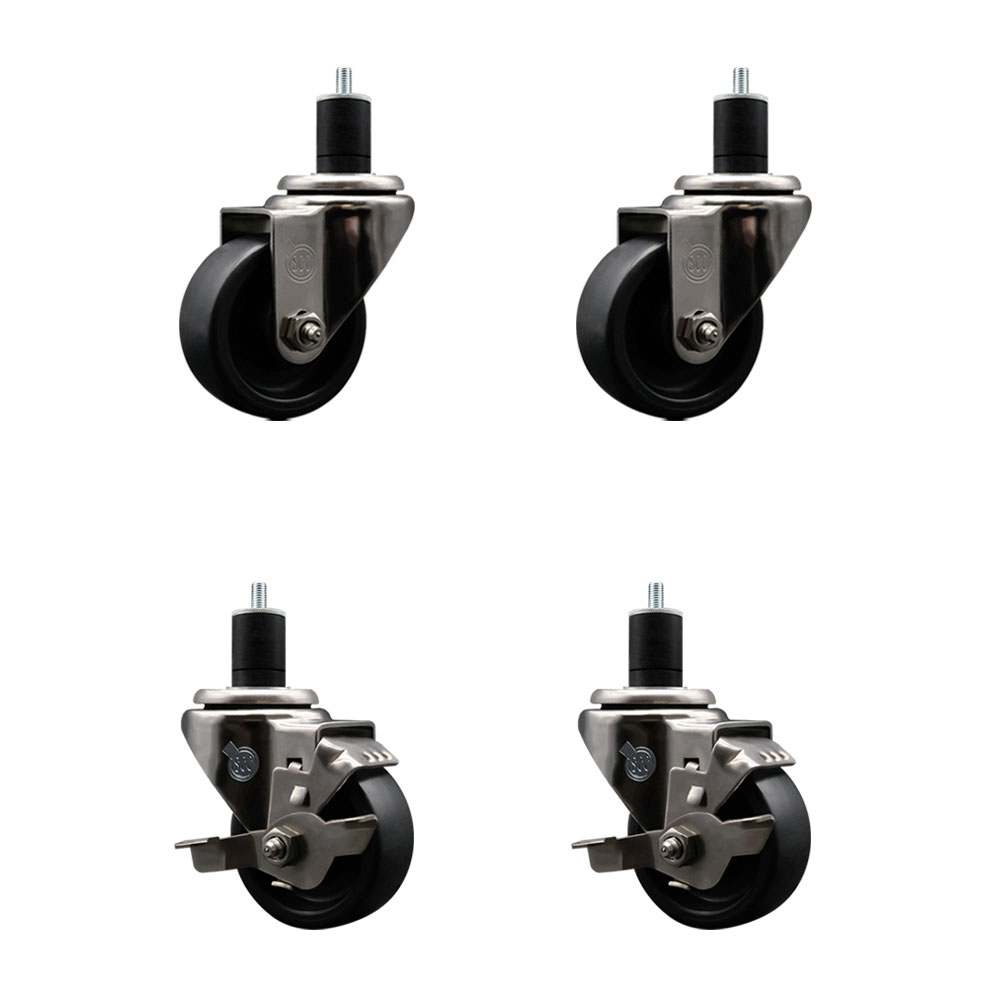 Stainless Steel Polyolefin Swivel Expanding Stem Caster Wheels Set of 4 with 3 Inch Black Wheels and 1-3/4" Stems-Includes 2 Swivel with Top Lock Brakes-1200 lbs. Total Capacity - Service Caster Brand — photo 1