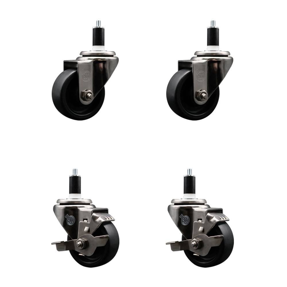 Stainless Steel Polyolefin Swivel Expanding Stem Caster Wheels Set of 4 with 3 Inch Black Wheels and 1-3/8" Stems-Includes 2 Swivel with Top Lock Brakes-1200 lbs. Total Capacity - Service Caster Brand — photo 1