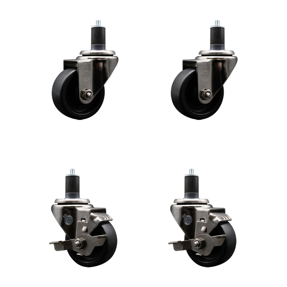 Stainless Steel Polyolefin Swivel Expanding Stem Caster Wheels Set of 4 with 3 Inch Black Wheels and 1-5/8" Stems-Includes 2 Swivel with Top Lock Brakes-1200 lbs. Total Capacity - Service Caster Brand — photo 1