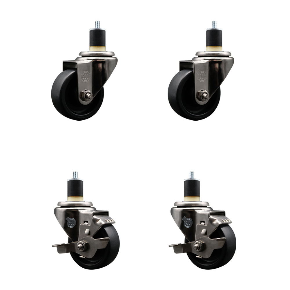 Stainless Steel Polyolefin Swivel Expanding Stem Caster Wheels Set of 4 with 3 Inch Black Wheels and 1-7/8" Stems-Includes 2 Swivel with Top Lock Brakes-1200 lbs. Total Capacity - Service Caster Brand — photo 1