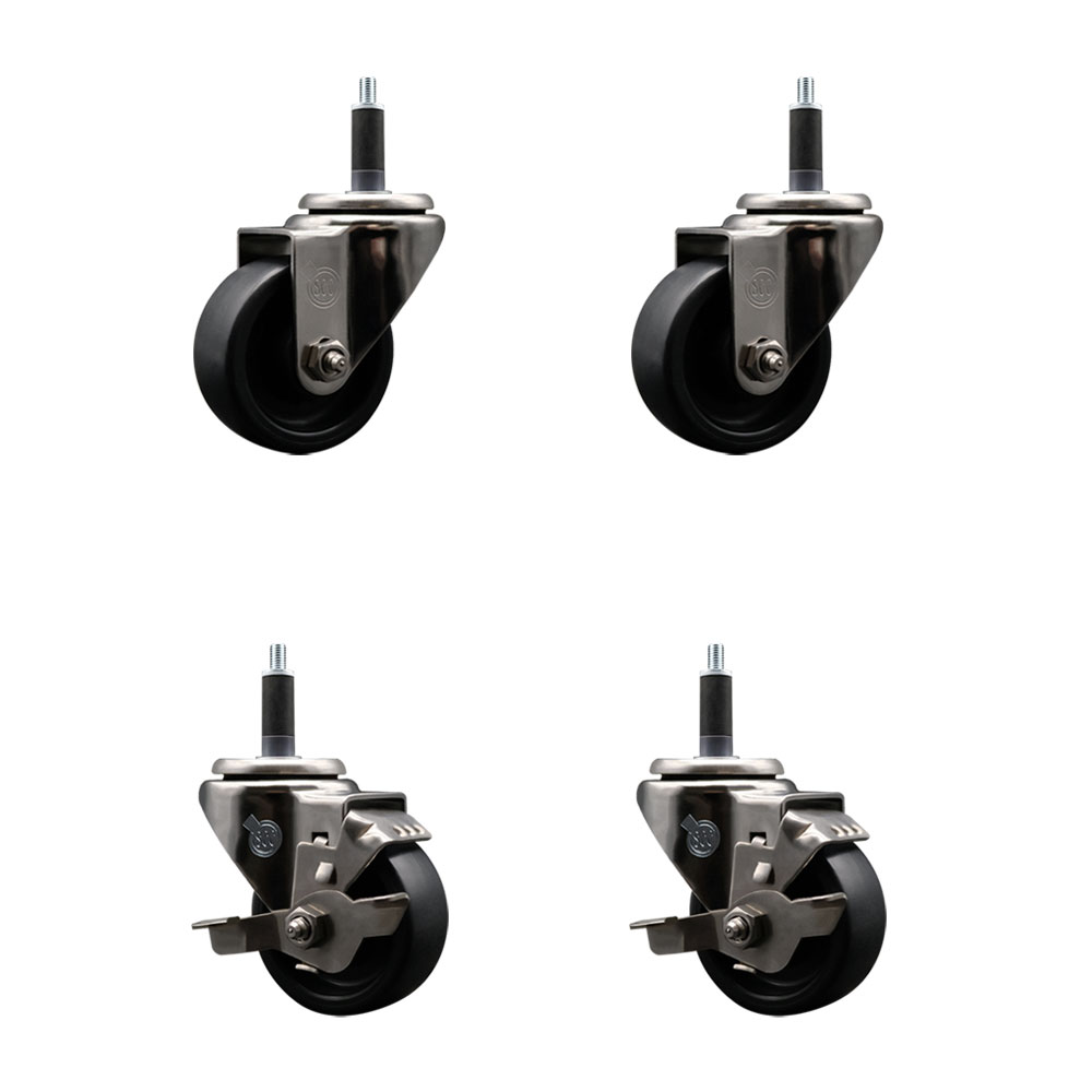 Stainless Steel Polyolefin Swivel Expanding Stem Caster Wheels Set of 4 with 3 Inch Black Wheels and 1" Stems-Includes 2 Swivel with Top Lock Brakes-1200 lbs. Total Capacity - Service Caster Brand — photo 1