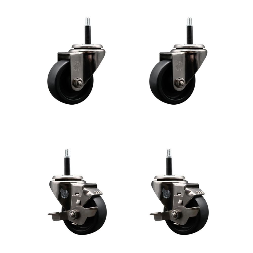 Stainless Steel Polyolefin Swivel Expanding Stem Caster Wheels Set of 4 with 3 Inch Black Wheels and 3/4" Stems-Includes 2 Swivel with Top Lock Brakes-1200 lbs. Total Capacity - Service Caster Brand — photo 1