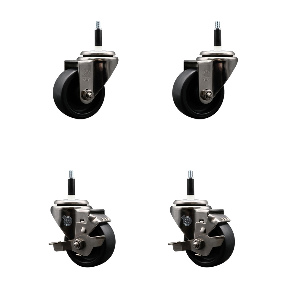 Stainless Steel Polyolefin Swivel Expanding Stem Caster Wheels Set of 4 with 3 Inch Black Wheels and 7/8" Stems-Includes 2 Swivel with Top Lock Brakes-1200 lbs. Total Capacity - Service Caster Brand — photo 1