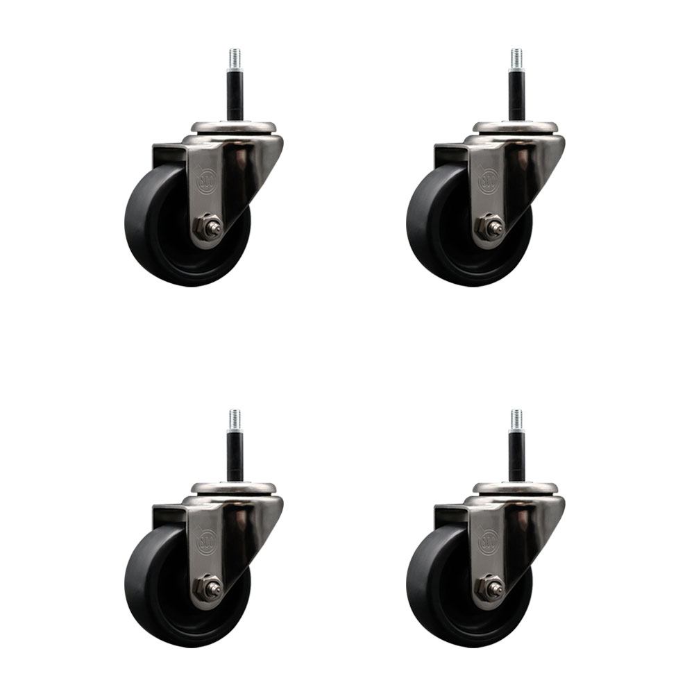 Stainless Steel Polyolefin Swivel Expanding Stem Caster Wheels Set of 4 with 3 Inch Black Wheels and 3/4" Stems - Includes 4 Swivel - 1200 lbs. Total Capacity - Service Caster Brand — photo 1