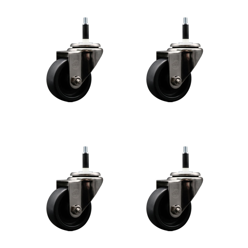 Stainless Steel Polyolefin Swivel Expanding Stem Caster Wheels Set of 4 with 3 Inch Black Wheels and 7/8" Stems - Includes 4 Swivel - 1200 lbs. Total Capacity - Service Caster Brand — photo 1