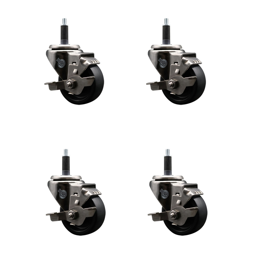 Stainless Steel Polyolefin Swivel Expanding Stem Caster Wheels Set of 4 with 3 Inch Black Wheels and 1" Stems-Includes 4 Swivel with Top Lock Brakes-1200 lbs. Total Capacity - Service Caster Brand — photo 1