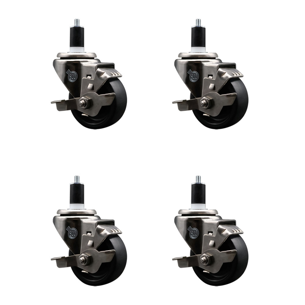 Stainless Steel Polyolefin Swivel Expanding Stem Caster Wheels Set of 4 with 3 Inch Black Wheels and 1-1/2" Stems-Includes 4 Swivel with Top Lock Brakes-1200 lbs. Total Capacity - Service Caster Brand — photo 1