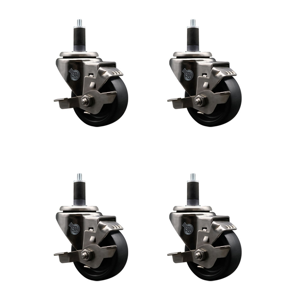 Stainless Steel Polyolefin Swivel Expanding Stem Caster Wheels Set of 4 with 3 Inch Black Wheels and 1-1/4" Stems-Includes 4 Swivel with Top Lock Brakes-1200 lbs. Total Capacity - Service Caster Brand — photo 1