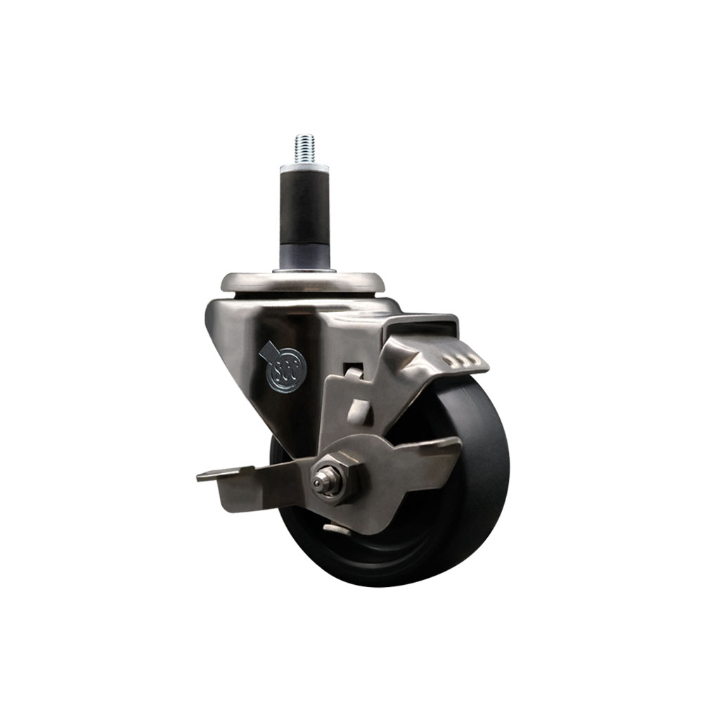 Stainless Steel Polyolefin Expanding Stem Swivel Caster Wheel with 3 Inch Black Wheel and 1-1/4" Stem and Top Lock Brake - 300 lbs. Capacity Per Caster - Service Caster Brand — photo 1