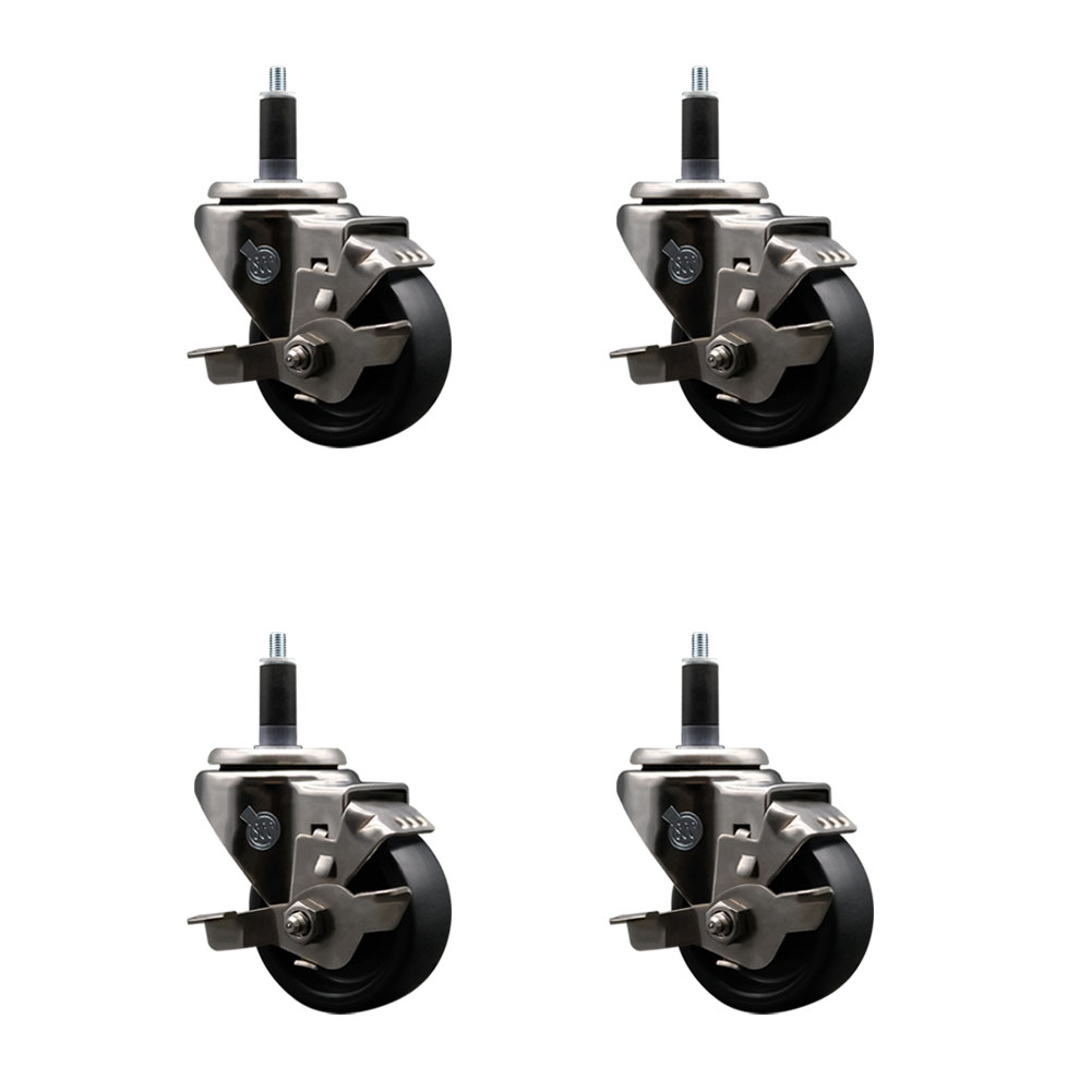 Stainless Steel Polyolefin Swivel Expanding Stem Caster Wheels Set of 4 with 3 Inch Black Wheels and 1-1/8" Stems-Includes 4 Swivel with Top Lock Brakes-1200 lbs. Total Capacity - Service Caster Brand — photo 1