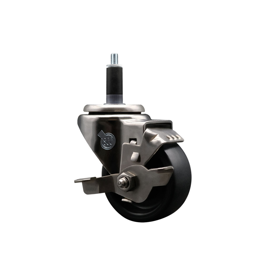 Stainless Steel Polyolefin Expanding Stem Swivel Caster Wheel with 3 Inch Black Wheel and 1-1/8" Stem and Top Lock Brake - 300 lbs. Capacity Per Caster - Service Caster Brand — photo 1