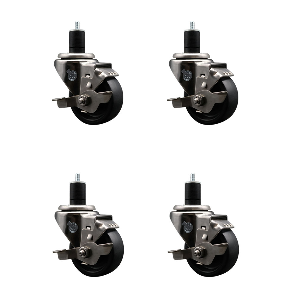 Stainless Steel Polyolefin Swivel Expanding Stem Caster Wheels Set of 4 with 3 Inch Black Wheels and 1-3/4" Stems-Includes 4 Swivel with Top Lock Brakes-1200 lbs. Total Capacity - Service Caster Brand — photo 1
