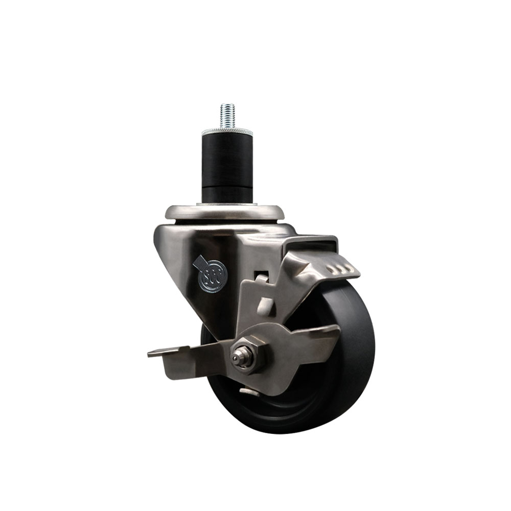 Stainless Steel Polyolefin Expanding Stem Swivel Caster Wheel with 3 Inch Black Wheel and 1-3/4" Stem and Top Lock Brake - 300 lbs. Capacity Per Caster - Service Caster Brand — photo 1