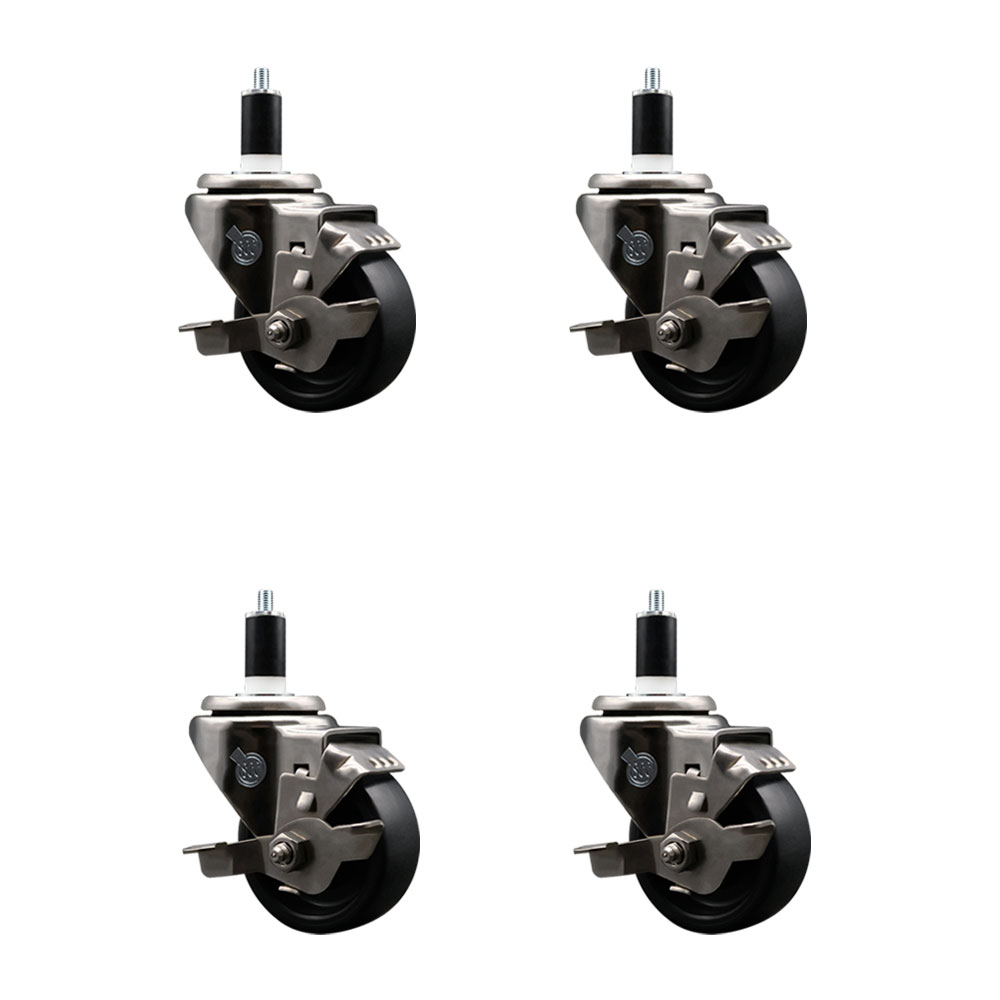 Stainless Steel Polyolefin Swivel Expanding Stem Caster Wheels Set of 4 with 3 Inch Black Wheels and 1-3/8" Stems-Includes 4 Swivel with Top Lock Brakes-1200 lbs. Total Capacity - Service Caster Brand — photo 1