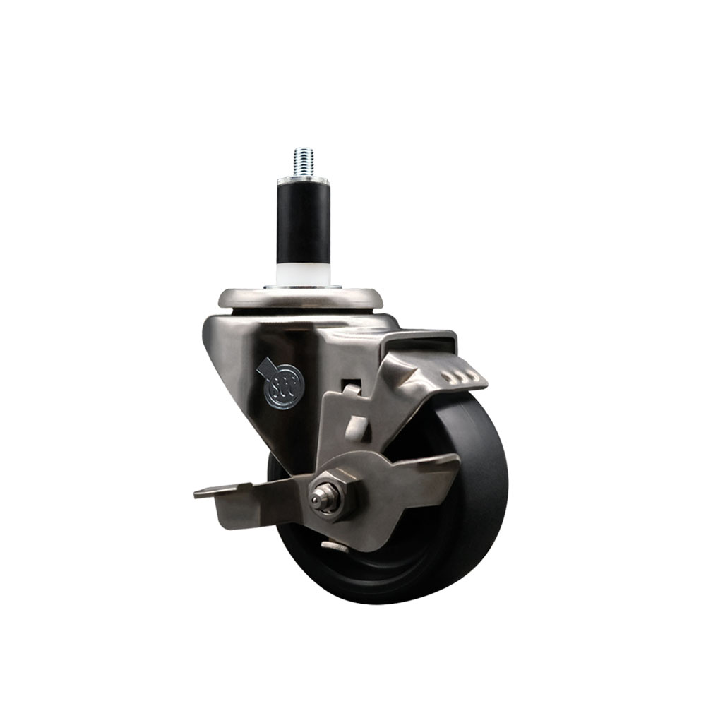 Stainless Steel Polyolefin Expanding Stem Swivel Caster Wheel with 3 Inch Black Wheel and 1-3/8" Stem and Top Lock Brake - 300 lbs. Capacity Per Caster - Service Caster Brand — photo 1