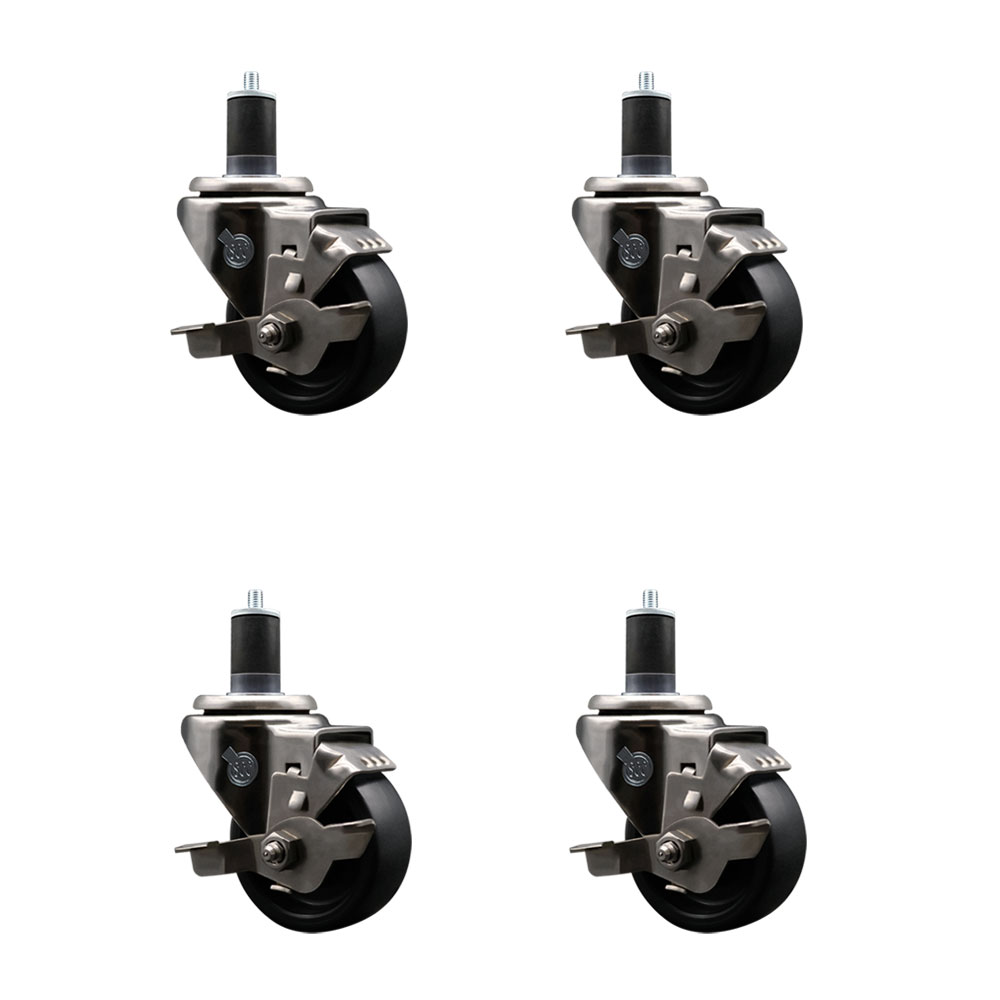 Stainless Steel Polyolefin Swivel Expanding Stem Caster Wheels Set of 4 with 3 Inch Black Wheels and 1-5/8" Stems-Includes 4 Swivel with Top Lock Brakes-1200 lbs. Total Capacity - Service Caster Brand — photo 1