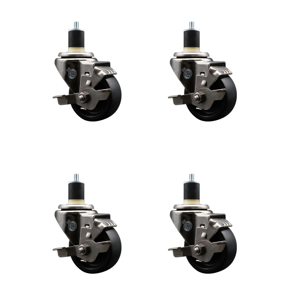 Stainless Steel Polyolefin Swivel Expanding Stem Caster Wheels Set of 4 with 3 Inch Black Wheels and 1-7/8" Stems-Includes 4 Swivel with Top Lock Brakes-1200 lbs. Total Capacity - Service Caster Brand — photo 1