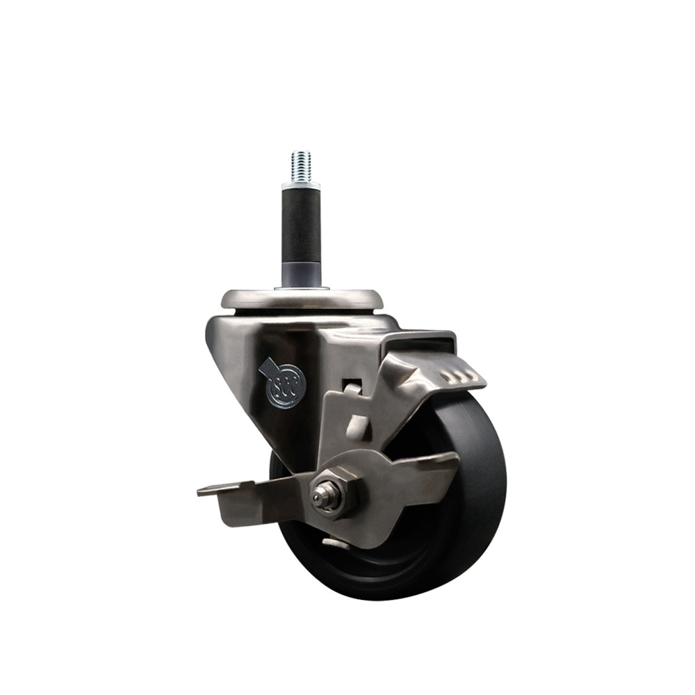 Stainless Steel Polyolefin Expanding Stem Swivel Caster Wheel with 3 Inch Black Wheel and 1" Stem and Top Lock Brake - 300 lbs. Capacity Per Caster - Service Caster Brand — photo 1