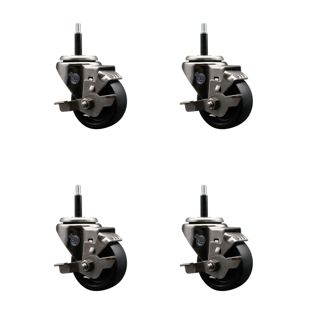 Stainless Steel Polyolefin Swivel Expanding Stem Caster Wheels Set of 4 with 3 Inch Black Wheels and 3/4" Stems-Includes 4 Swivel with Top Lock Brakes-1200 lbs. Total Capacity - Service Caster Brand — photo 1
