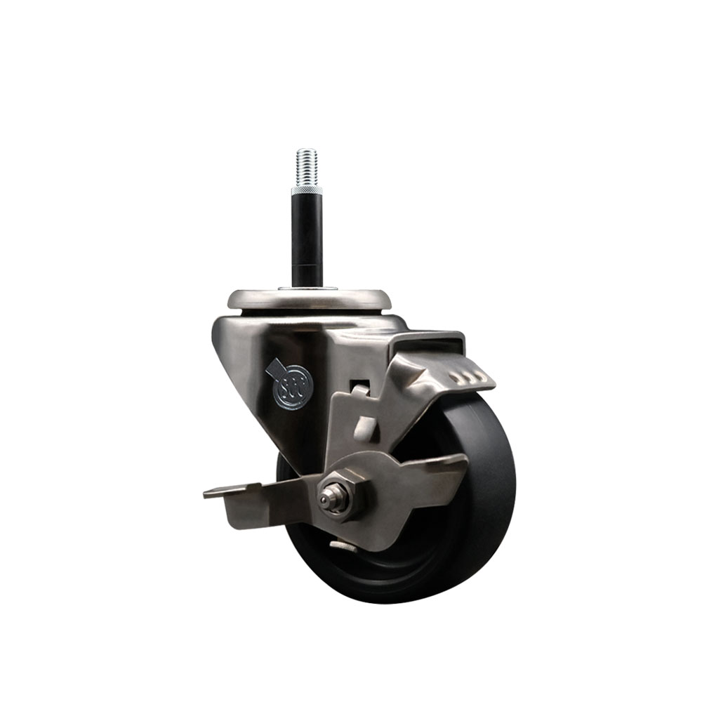 Stainless Steel Polyolefin Expanding Stem Swivel Caster Wheel with 3 Inch Black Wheel and 3/4" Stem and Top Lock Brake - 300 lbs. Capacity Per Caster - Service Caster Brand — photo 1