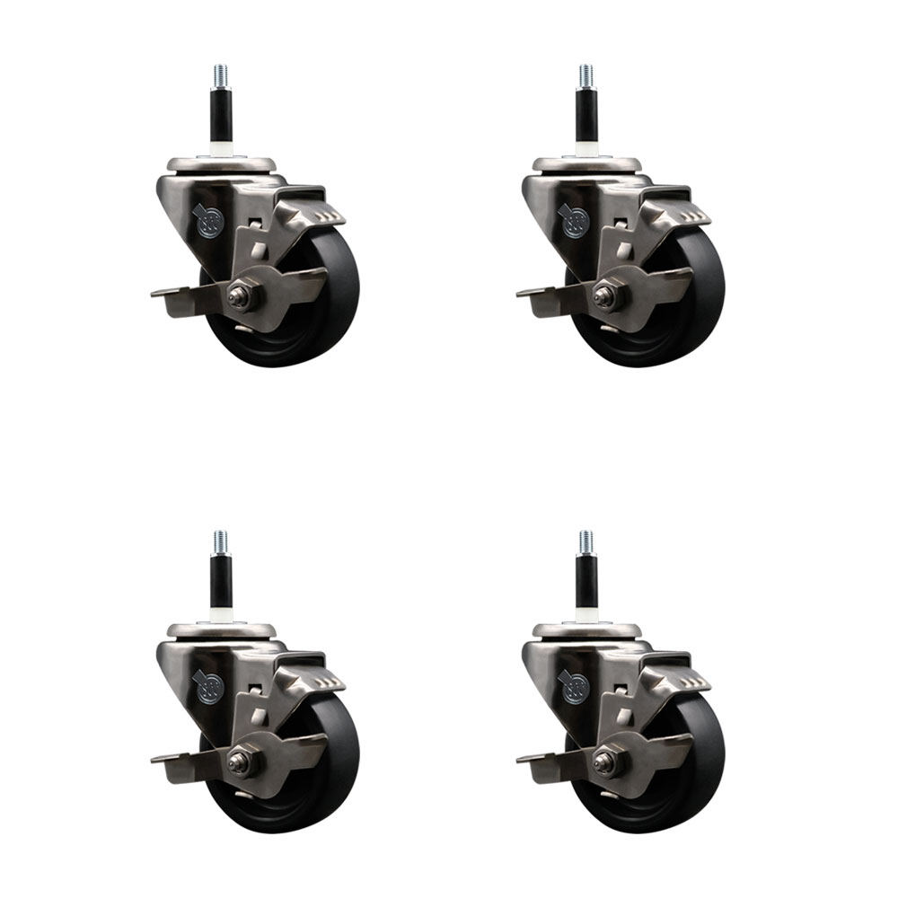 Stainless Steel Polyolefin Swivel Expanding Stem Caster Wheels Set of 4 with 3 Inch Black Wheels and 7/8" Stems-Includes 4 Swivel with Top Lock Brakes-1200 lbs. Total Capacity - Service Caster Brand — photo 1