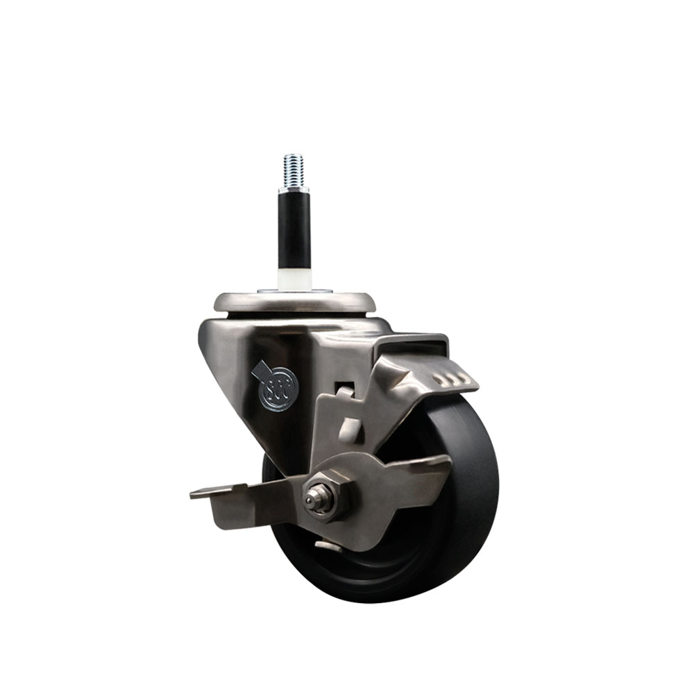 Stainless Steel Polyolefin Expanding Stem Swivel Caster Wheel with 3 Inch Black Wheel and 7/8" Stem and Top Lock Brake - 300 lbs. Capacity Per Caster - Service Caster Brand — photo 1