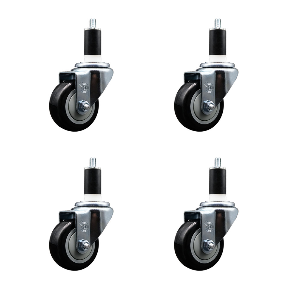 Stainless Steel Polyurethane Swivel Expanding Stem Caster Set of 4 with 3 Inch Black Wheels and 1-3/8" Stems - Includes 4 Swivel - 300 lbs. Capacity Per Caster - Service Caster Brand — photo 1