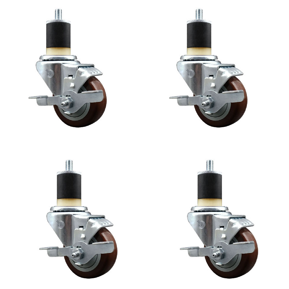 Stainless Steel Polyurethane Swivel Expanding Stem Caster Set of 4 with 3 Inch Maroon Wheels and 1-7/8" Stems - 4 Swivel with Top Locking Brakes - 300 lbs. Capacity Per Caster - Service Caster Brand — photo 1