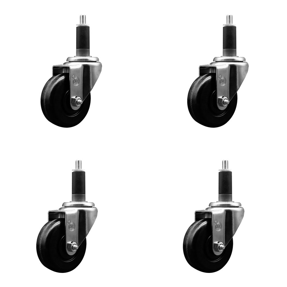 Stainless Steel Phenolic Swivel Expanding Stem Caster Set of 4 with 3-1/2 Inch Black Wheels and 1-1/8" Stems - Includes 4 Swivel - 300 lbs. Capacity Per Caster - Service Caster Brand — photo 1