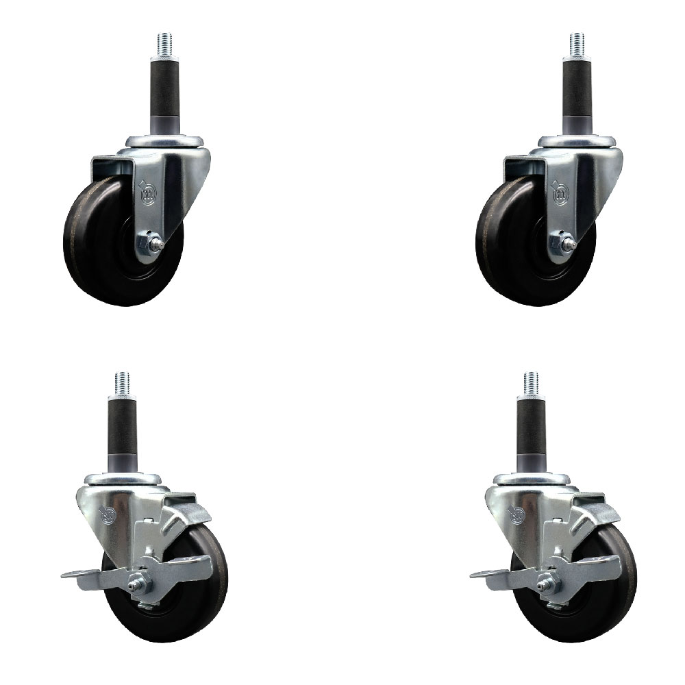 Stainless Steel Phenolic Swivel Expanding Stem Caster Set of 4 with 3-1/2 Inch Black Wheels and 1" Stems - Includes 2 with Top Locking Brakes - 1200 lbs Total Capacity - Service Caster Brand — photo 1