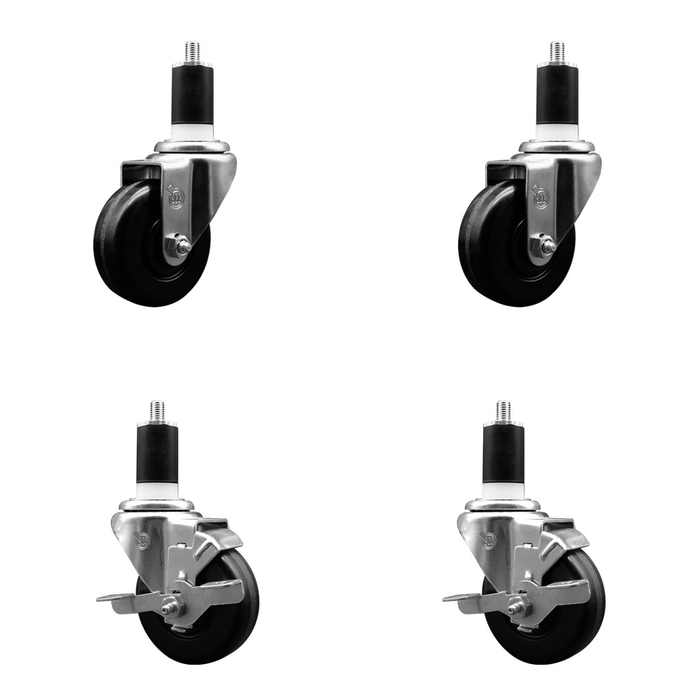 Stainless Steel Phenolic Swivel Expanding Stem Caster Set of 4 with 3-1/2 Inch Black Wheels and 1-1/2" Stems - Includes 2 with Top Locking Brakes - 1200 lbs Total Capacity - Service Caster Brand — photo 1