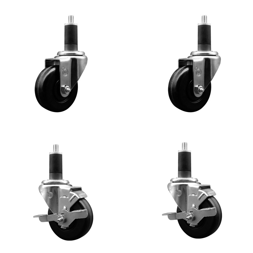Stainless Steel Phenolic Swivel Expanding Stem Caster Set of 4 with 3-1/2 Inch Black Wheels and 1-1/4" Stems - Includes 2 with Top Locking Brakes - 1200 lbs Total Capacity - Service Caster Brand — photo 1
