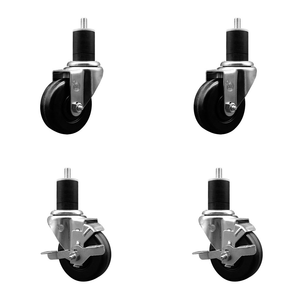 Stainless Steel Phenolic Swivel Expanding Stem Caster Set of 4 with 3-1/2 Inch Black Wheels and 1-3/4" Stems - Includes 2 with Top Locking Brakes - 1200 lbs Total Capacity - Service Caster Brand — photo 1
